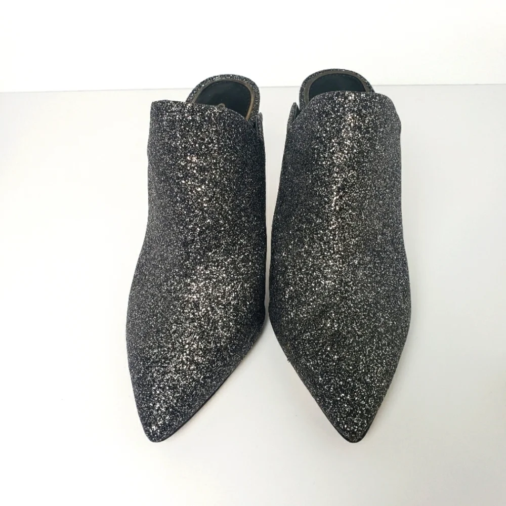 Gianni Bini Black Glitter Pointed-Toe Mule Heels